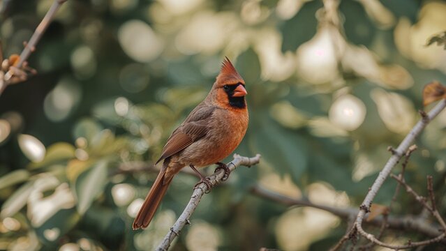 Perching male northern cardinal showing raised crest in backyard garden, with thin tree branch buds