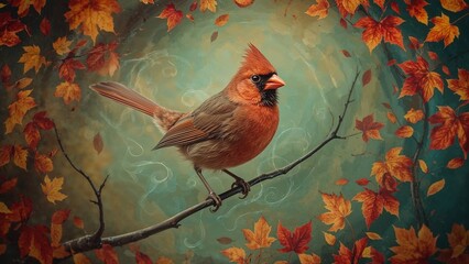 Perching red Northern Cardinal on bare branch in fall garden, swirling leaves and air currents
