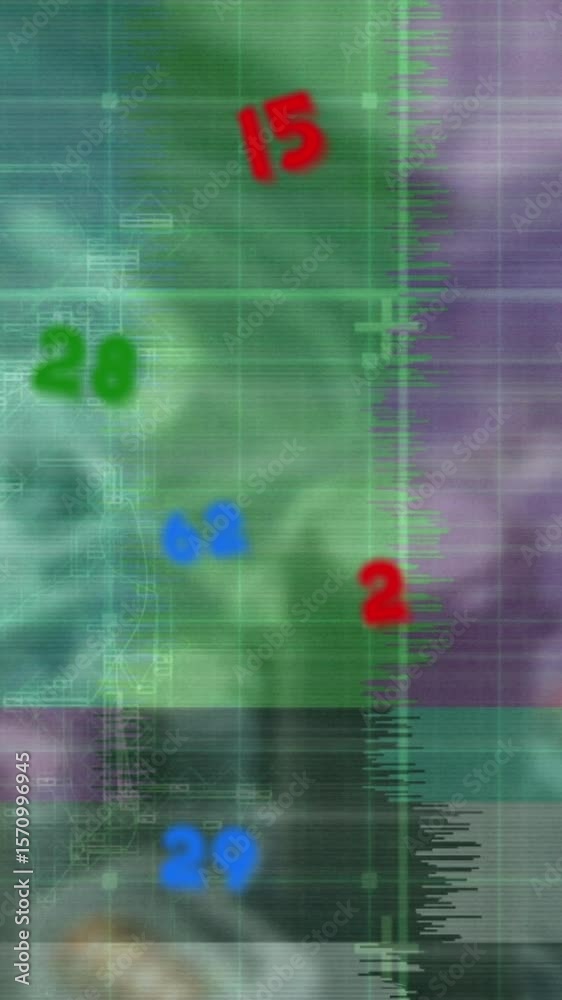 Poster animation of colorful numbers floating over grid network against close up of a computer server