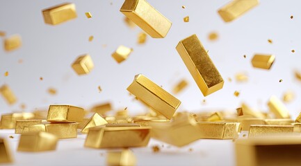 Golden rectangular bars and fragments falling and resting on a light grey surface, creating a sense of abundance and luxury