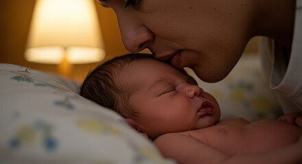 A tender moment as a parent kisses their newborn baby goodnight on the forehead