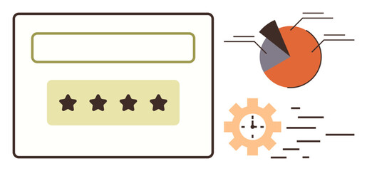 Feedback form with stars, pie chart showcasing data analysis, and a gear with clock for productivity. Ideal for evaluation, reviews, analytics, rating, management planning performance. Simple flat
