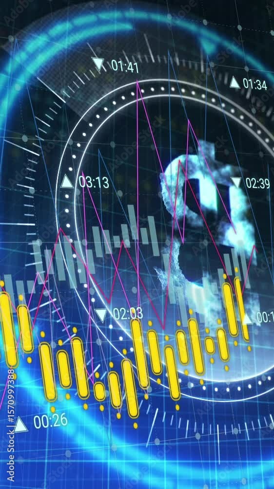 Poster animation of financial data processing over scope scanning with bitcoin symbol on black background