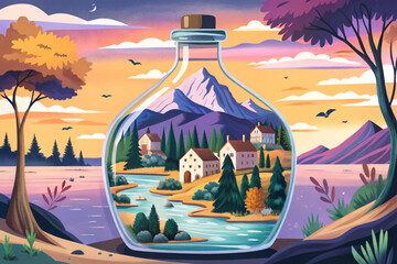 Landscape Inside a Glass Bottle cartoon Surreal Miniature World Concept