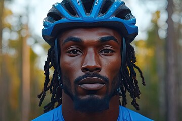 Close up portrait of a man in blue cycling helmet. Dark skin, dreadlocks, focused. Forest backdrop