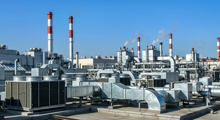 oil refinery plant in winter, Mechanical systems, air conditioning, ventilation, exhaust, filtration, handling on building rooftop. Modern smart infrastructure for efficient. Industrial installations 
