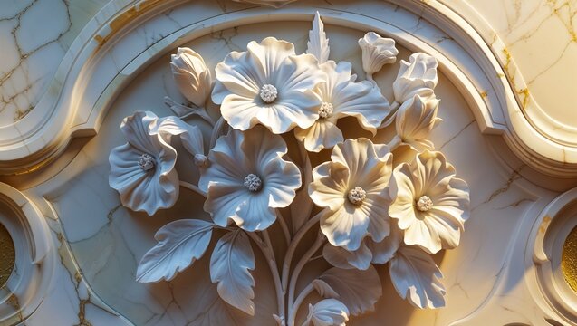 High-relief floral sculpture standing out on gold-veined marble panel, with curved molding - Powered by Adobe
