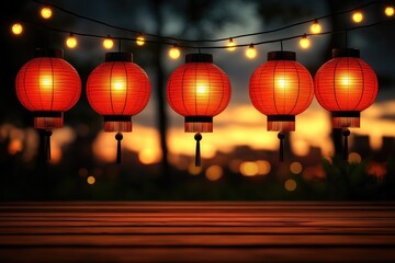 Five red lanterns glow softly, strung against the sunset sky above a wooden surface