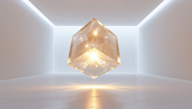 Floating glowing golden cube in white gallery, with LED strip lights and reflective floor