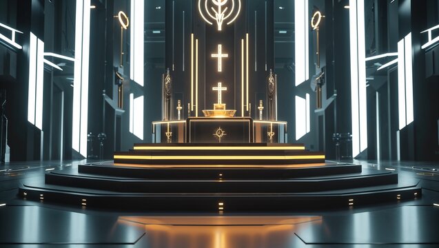 Illuminating altar occupying tiered circular platform in cathedral hall, with lit bowl, crosses - Powered by Adobe