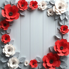 Elegant Floral Frame of Red and White Paper Flowers on Light Gray Wood