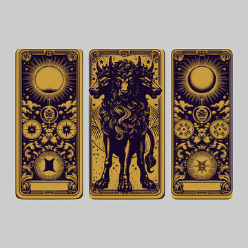 from the gates of the underworld, cerberus stalks in shadowed vector across cursed cards