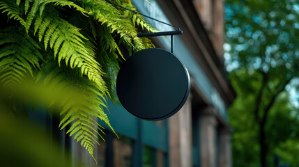 Black round hanging signboard mockup with green fern leaves and blurred outdoor background, natural and fresh atmosphere