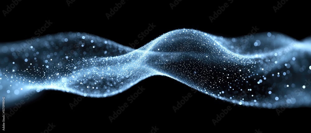 Wall mural abstract light blue particle stream on black. wave of floating shiny dust, futuristic design