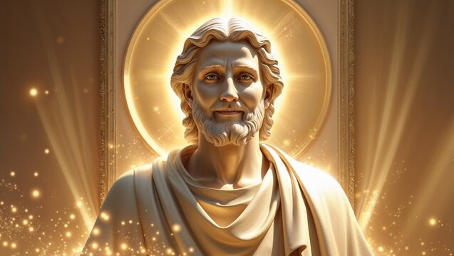 Glowing robed statue standing in chapel shrine, with circular halo, frame, rays, glowing particles - Powered by Adobe