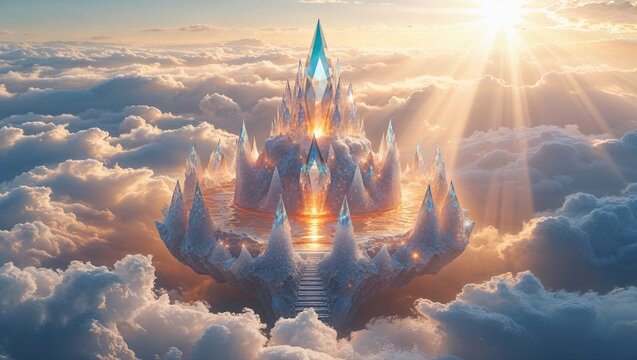 Glinting crystal palace floating over cloud layer at sunrise with spires stairs chambers sunbeams - Powered by Adobe