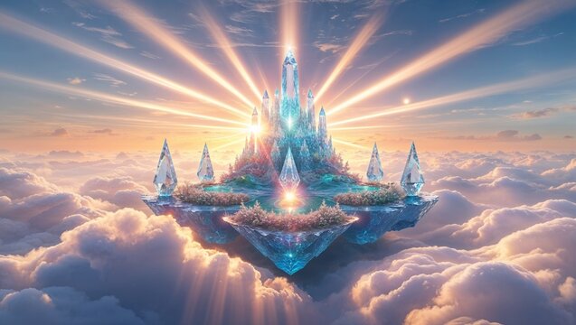 Floating crystal island reflecting golden sunlight above dawn clouds, with glowing orb at core