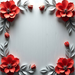 Elegant Floral Frame of Red and White Paper Flowers on Light Gray Wood