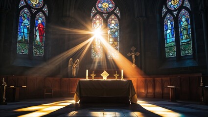 Streaming sunbeams illuminating church altar draped white gold trim cloth, with lit candlesticks