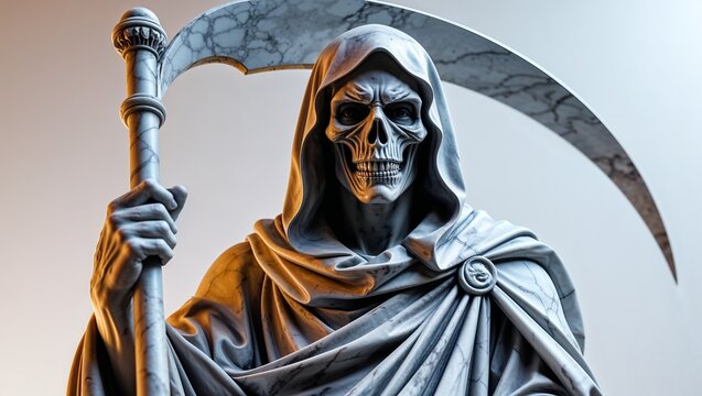Featuring marblelike Grim Reaper statue holding curved scythe in studio setup, gradient backdrop - Powered by Adobe