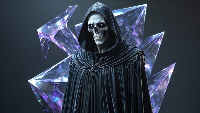Standing skeletal reaper wearing black hooded cloak in studio, with purple-blue crystalline shards - Powered by Adobe