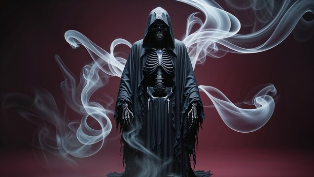 Standing hooded skeletal figure with exposed ribcage and skull in studio, with swirling white smoke - Powered by Adobe
