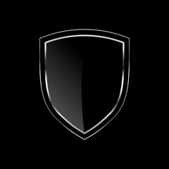 Silver shield, thin frame. gray geometric borders in art deco style, luxury safety protection emblem, Thin linear premium and luxury. vector design illustration on dark background 