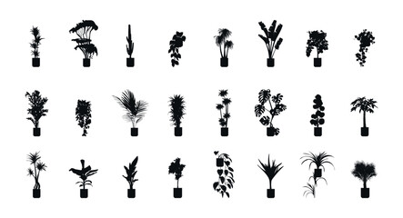 Set of vector illustrations of silhouettes of potted plants. Indoor plants. Interior design elements. 24 silhouettes