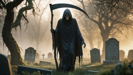 Fototapeta premium Standing cloaked skeleton figure holding scythe amid foggy cemetery at dawn, with tombstones
