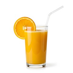 Fresh orange juice glass with straw and slice isolated on white background healthy drink vitamin c breakfast