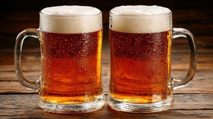 Two frosty beer mugs, condensation, wooden background