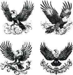 Obraz premium A_black_and_white_illustration_of_a_stylized_eagle, eagle with wings