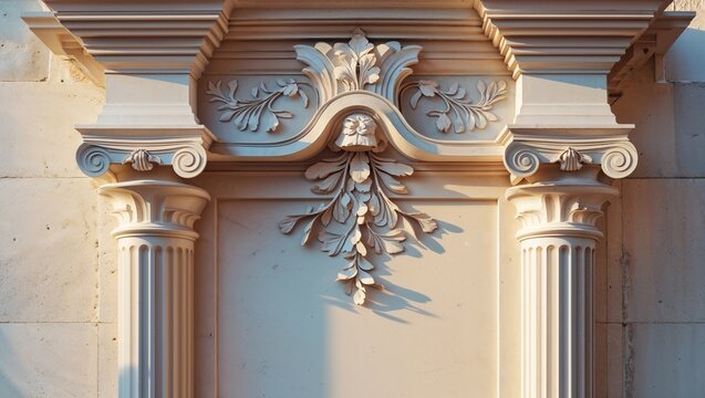 Showing ornate facade featuring fluted columns and carved floral relief on classical exterior - Powered by Adobe