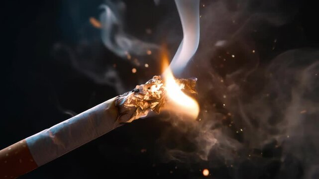 A close-up shot of a cigarette igniting, with smoke wafting around it against a dark background