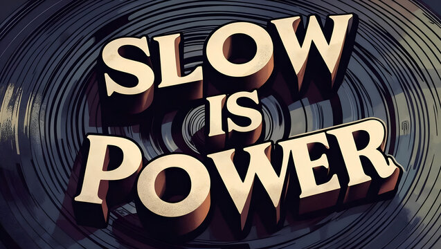 3D Text Slow is Power on Vinyl Record Background Typography Design Retro