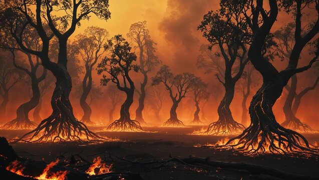 Glowing gnarled trees revealing molten roots in forest at dusk, with flickering embers, smoky haze - Powered by Adobe