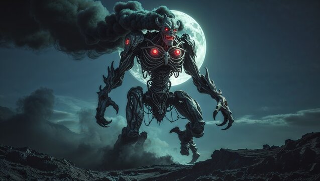 Advancing biomechanical demon stalking rocky plateau under full moon with glowing red cores, smoke - Powered by Adobe