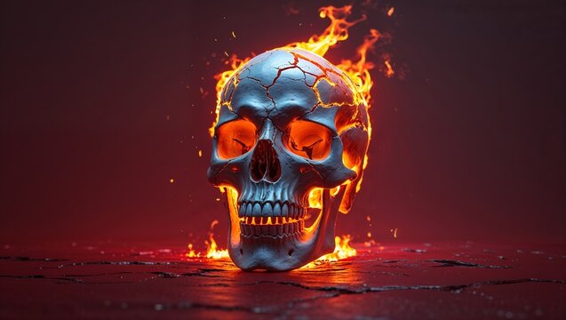 Burning metallic skull revealing molten core on cracked floor in digital studio, with orange flames - Powered by Adobe