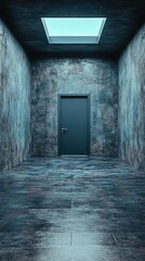 Fototapeta premium Stark, gray hall with weathered walls leading to a door under a bright skylight