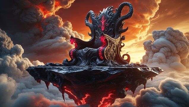 Hovering ornate black throne above floating rock platform amid storm clouds, glowing lava cracks - Powered by Adobe