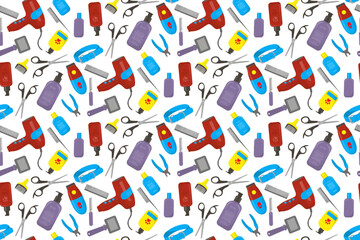 Vector illustration featuring a seamless pattern of pet grooming tools including hair dryers, scissors, shampoos, and brushes. Ideal for pet care product design and marketing.