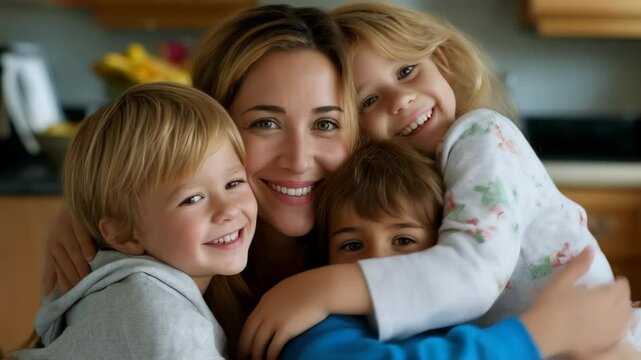 A mother embraces her three children, all smiling happily. The image is full of love and affection, and captures a beautiful moment of family bonding.