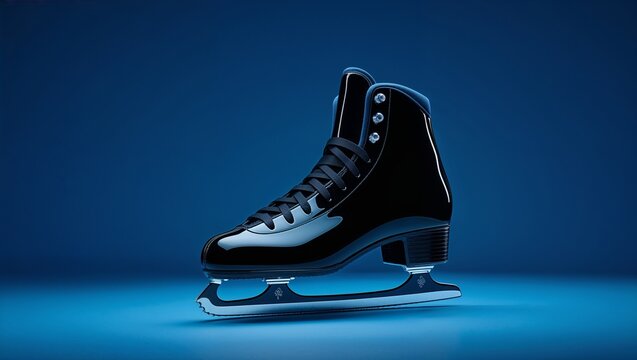 Displaying glossy black figure skate sitting on shiny studio surface, with black laces, metal blade - Powered by Adobe