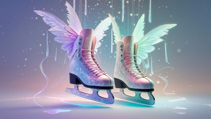 Hovering winged ice skates gliding above floor in pastel studio, with hanging droplets and sparkles