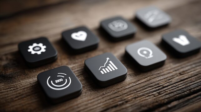 Technology icons on wooden surface: Business, Health, Settings, Stats.