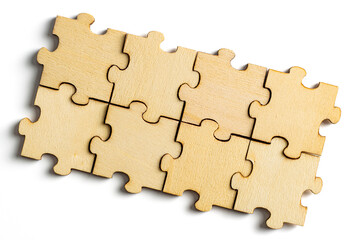 Wooden jigsaw puzzle pieces isolated on white background.