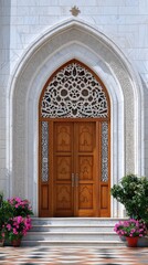 Obraz premium A marble-framed arched doorway with wooden doors. Decorative stone carvings. Pink flowers are on the stairs