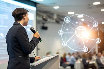 Businessman uses a digital tablet with a world map on a virtual screen, symbolizing global business communication and future technology