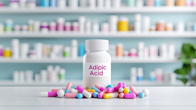 Colorful assortment of pills with a white bottle labeled 'Adipic Acid' in a well-lit pharmacy setting.