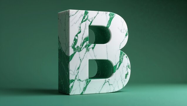 Standing marble letter B on seamless green studio backdrop and tabletop, with green veins - Powered by Adobe